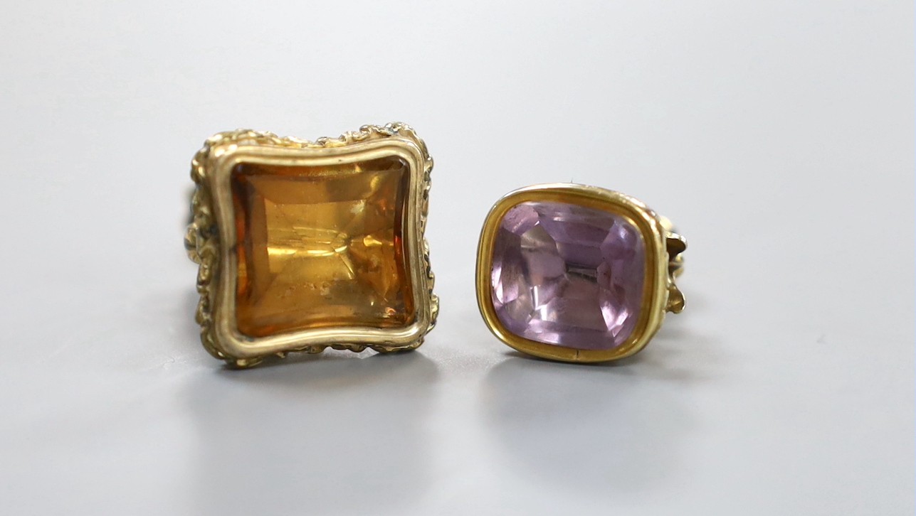 Two Victorian yellow metal overlaid and quartz set fob seals, (1 a.f.), largest 24mm.